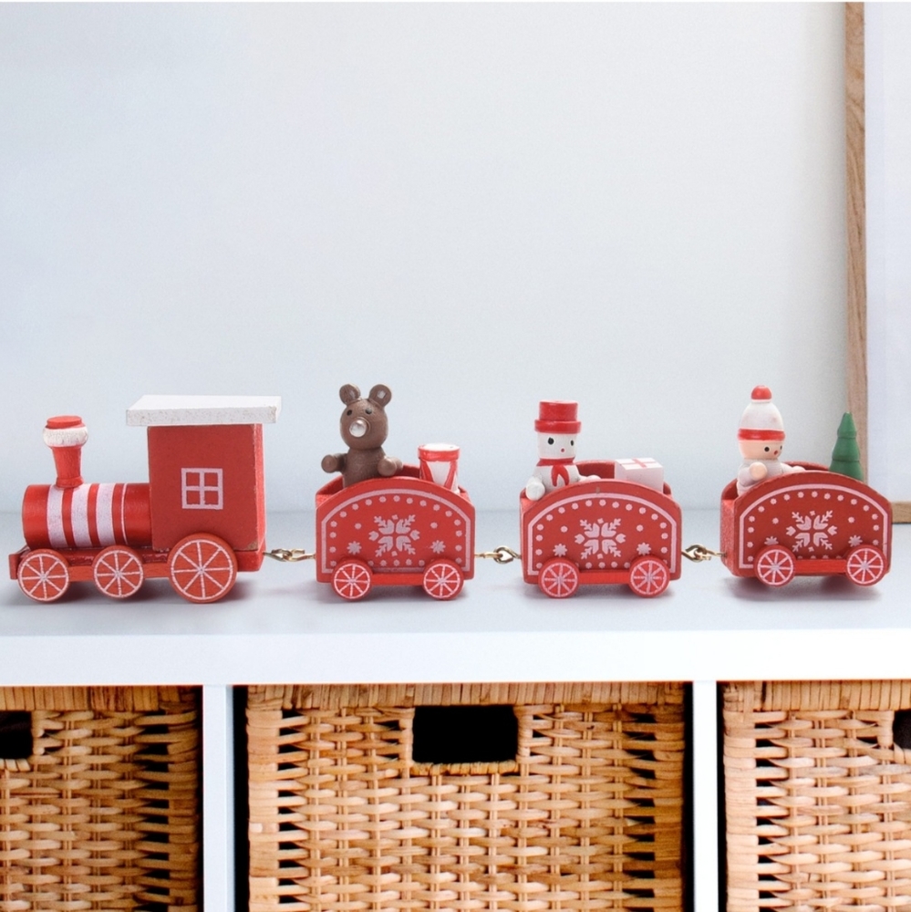 White Snow Print Christmas Themed Wooden Mini Train Ornaments (7.87x1.77)